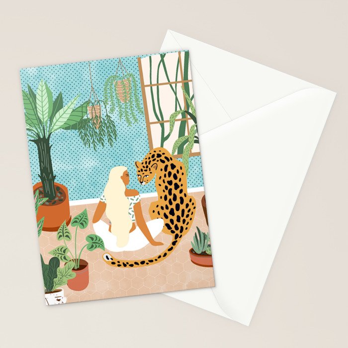 Urban Jungle Illustration, Tiger Home Decor, Woman & Modern Bohemian Wildlife Painting Stationery Card Gallery Image 2