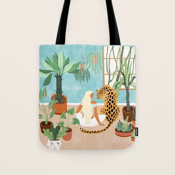 Urban Jungle Illustration, Tiger Home Decor, Woman & Modern Bohemian Wildlife Painting Tote Bag Gallery Image 1