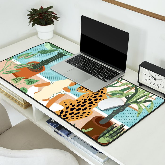 Urban Jungle Illustration, Tiger Home Decor, Woman & Modern Bohemian Wildlife Painting Desk Mat Gallery Image 2