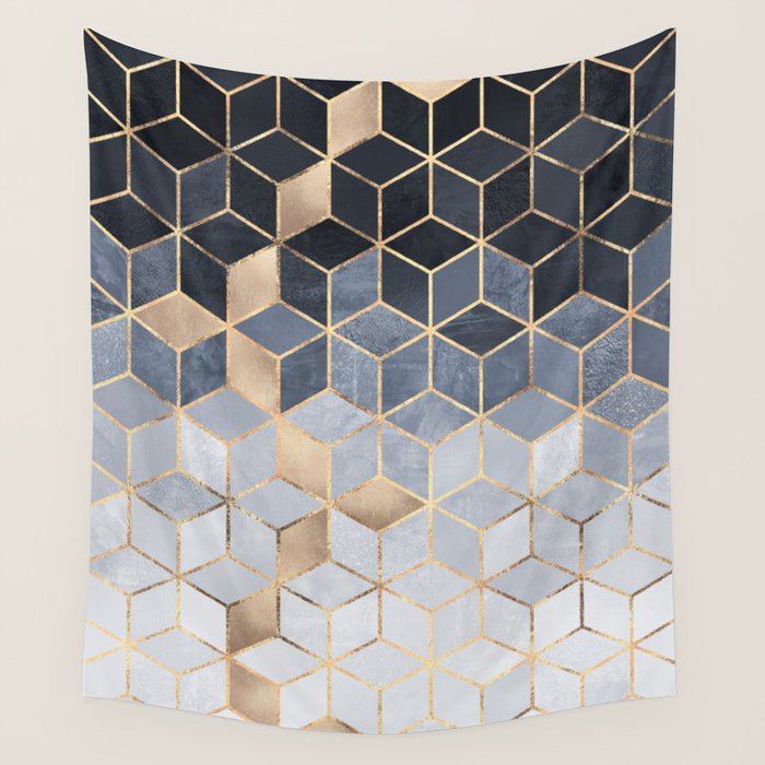 Soft Blue Gradient Cubes Wall Tapestry Gallery Image 4