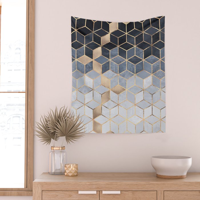 Soft Blue Gradient Cubes Wall Tapestry Gallery Image 2
