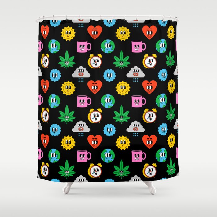 Funny retro cartoon sticker art pattern Shower Curtain Gallery Image 1