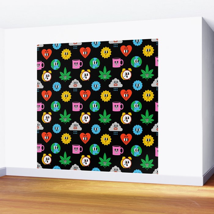 Funny retro cartoon sticker art pattern Wall Mural Gallery Image 2