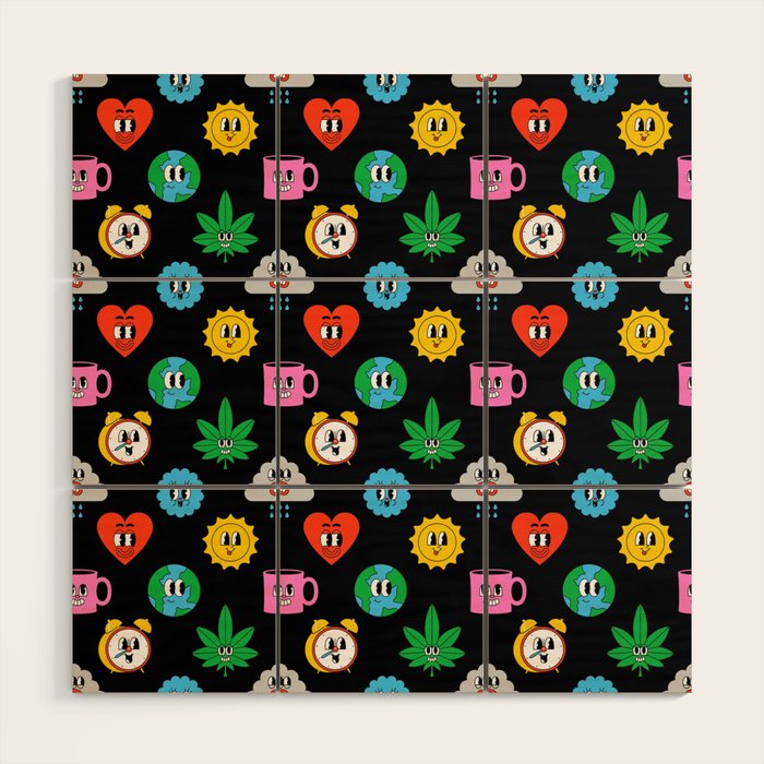Funny retro cartoon sticker art pattern Wood Wall Art Gallery Image 1