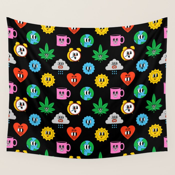 Funny retro cartoon sticker art pattern Wall Tapestry Gallery Image 1