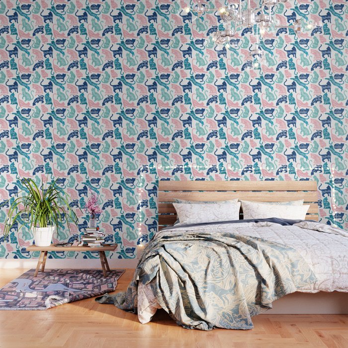 Be like a cat // white background pastel pink blue aqua and teal cat silhouettes with affirmations Wallpaper Gallery Image 3