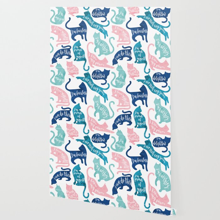 Be like a cat // white background pastel pink blue aqua and teal cat silhouettes with affirmations Wallpaper Gallery Image 2