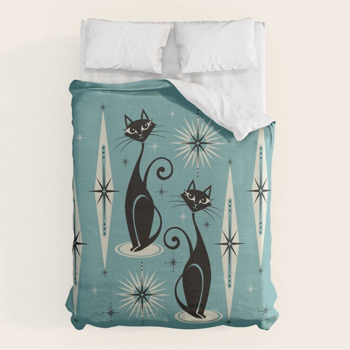 Mid Century Meow Retro Atomic Cats on Blue Duvet Cover Gallery Image 6