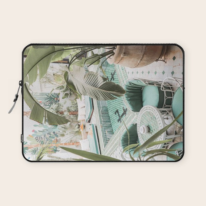 Travel Photography Art Print | Tropical Plant Leaves In Marrakech Photo | Green Pool Interior Design Laptop Sleeve Gallery Image 1
