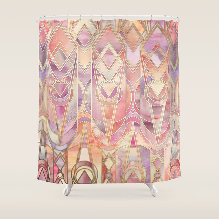 Glowing Coral and Amethyst Art Deco Pattern Shower Curtain Gallery Image 1