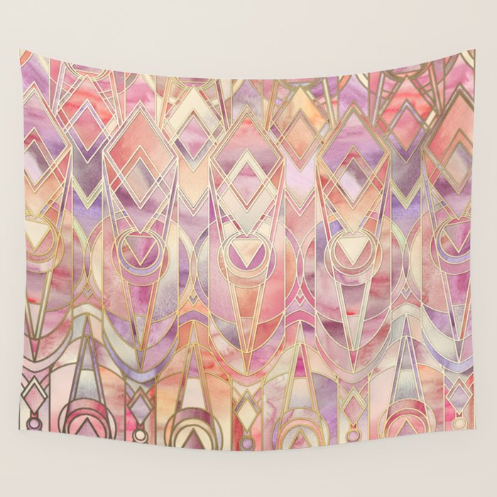 Glowing Coral and Amethyst Art Deco Pattern Wall Tapestry Gallery Image 4