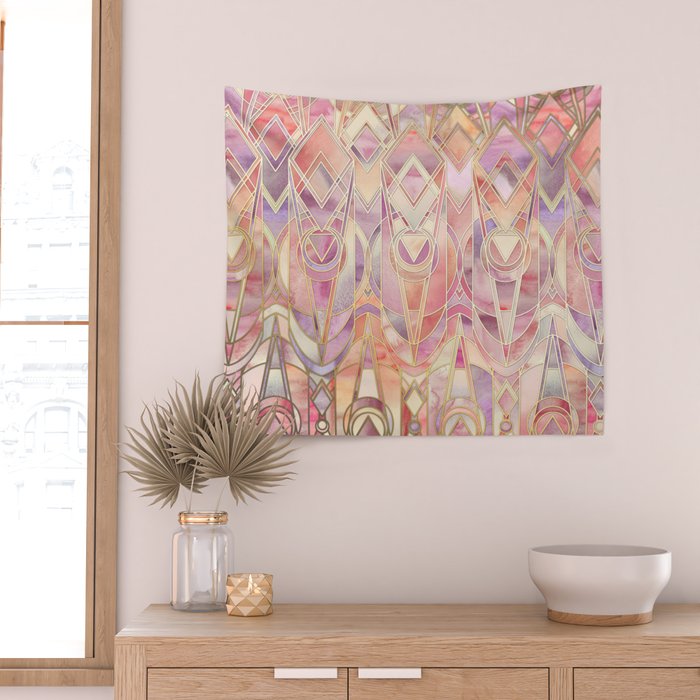 Glowing Coral and Amethyst Art Deco Pattern Wall Tapestry Gallery Image 2