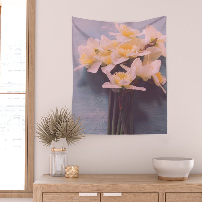 Daffodils on Blue Table - Modern Flower Photo Wall Tapestry Gallery Image 2