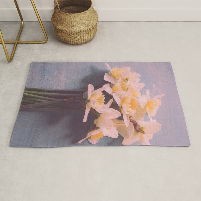 Daffodils on Blue Table - Modern Flower Photo Rug Gallery Image 1