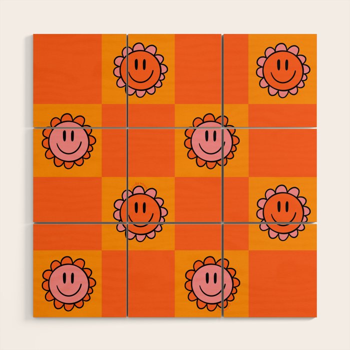 Orange Smiley Face Checkerboard Print Wood Wall Art Gallery Image 1
