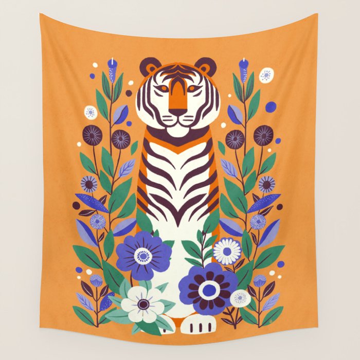 Floral Tiger in a Bold Jungle - Vibrant Botanical Wildlife Art Wall Tapestry Gallery Image 4