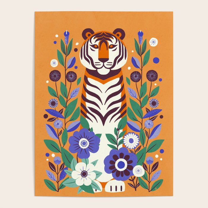 Floral Tiger in a Bold Jungle - Vibrant Botanical Wildlife Art Poster Gallery Image 1