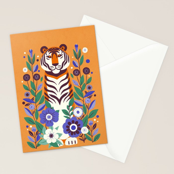 Floral Tiger in a Bold Jungle - Vibrant Botanical Wildlife Art Stationery Card Gallery Image 2