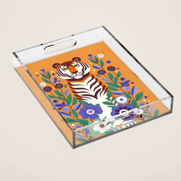 Floral Tiger in a Bold Jungle - Vibrant Botanical Wildlife Art Acrylic Tray Gallery Image 1