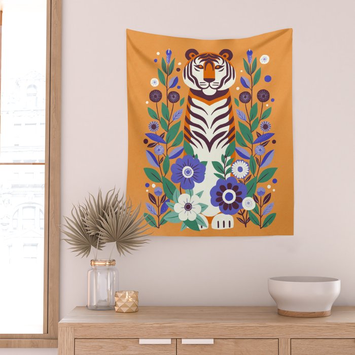 Floral Tiger in a Bold Jungle - Vibrant Botanical Wildlife Art Wall Tapestry Gallery Image 2