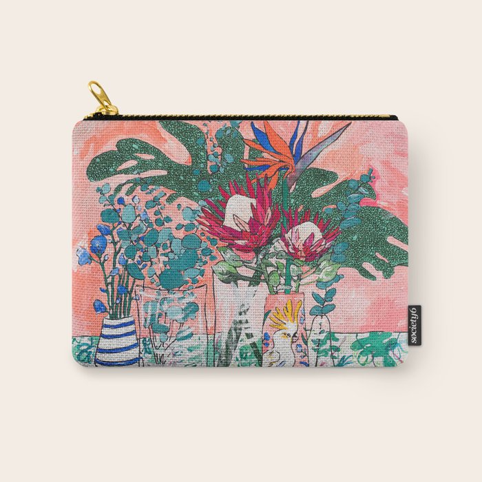 Cockatoo Vase - Bouquet of Flowers on Coral and Jungle Carry All Pouch Gallery Image 1