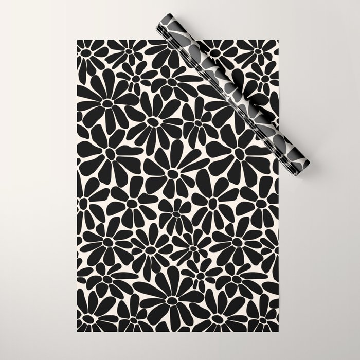 Black and White Retro Floral Art Print  Wrapping Paper Gallery Image 1