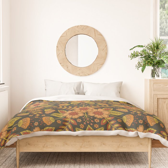 Orange, Peach, Olive Green & Dark Gray Floral Pattern Duvet Cover Gallery Image 3