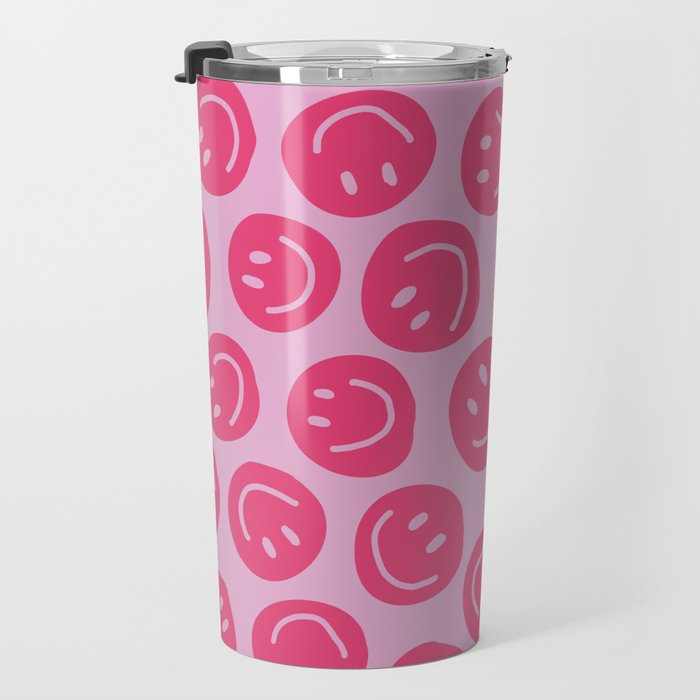 Hot Pink Smiley Faces Travel Mug Gallery Image 3