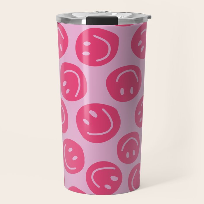 Hot Pink Smiley Faces Travel Mug Gallery Image 1