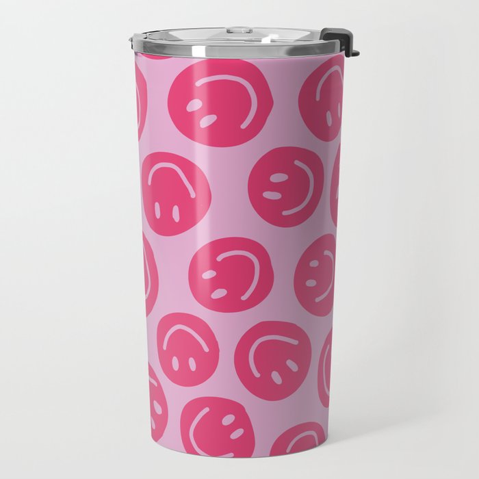 Hot Pink Smiley Faces Travel Mug Gallery Image 2
