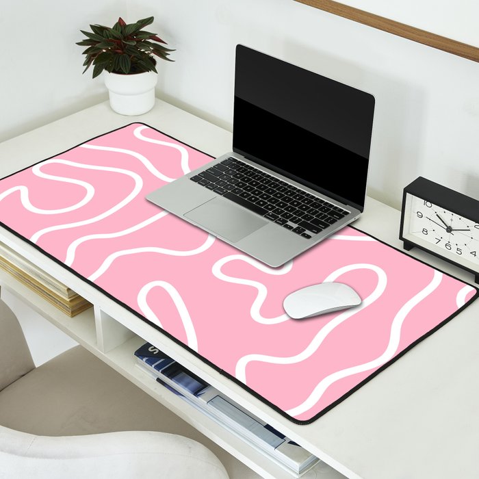 Squiggle Maze Minimalist Abstract Pattern in Bubblegum Pink Desk Mat Gallery Image 2