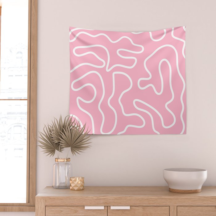 Squiggle Maze Minimalist Abstract Pattern in Bubblegum Pink Wall Tapestry Gallery Image 2