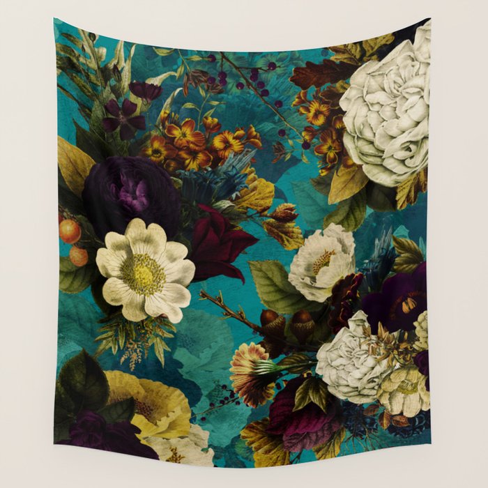 Before Midnight Blue Hour Vintage Fall Flowers Garden Wall Tapestry Gallery Image 1