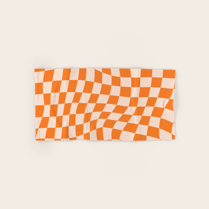 Orange checkered warped pattern, retro 80s groovy Bath Towel Gallery Image 1