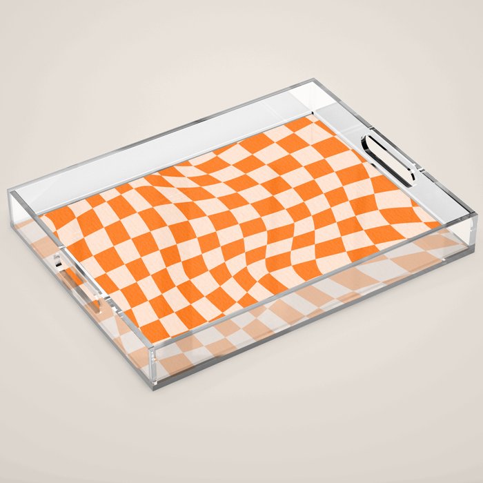 Orange checkered warped pattern, retro 80s groovy Acrylic Tray Gallery Image 1