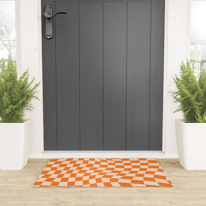 Orange checkered warped pattern, retro 80s groovy Welcome Mat Gallery Image 3