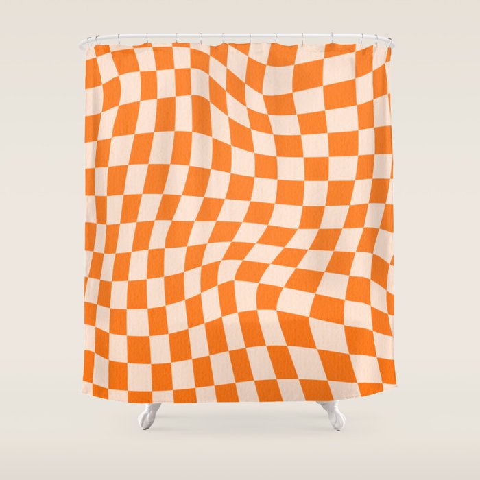 Orange checkered warped pattern, retro 80s groovy Shower Curtain Gallery Image 1