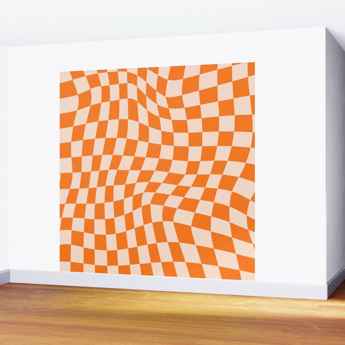 Orange checkered warped pattern, retro 80s groovy Wall Mural Gallery Image 2