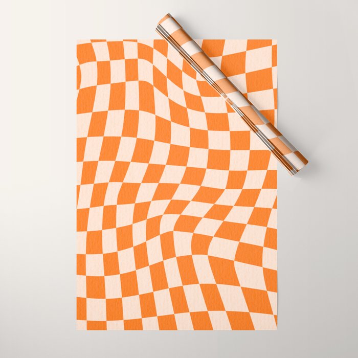 Orange checkered warped pattern, retro 80s groovy Wrapping Paper Gallery Image 1
