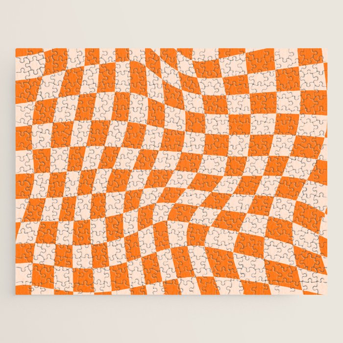 Orange checkered warped pattern, retro 80s groovy Jigsaw Puzzle Gallery Image 1