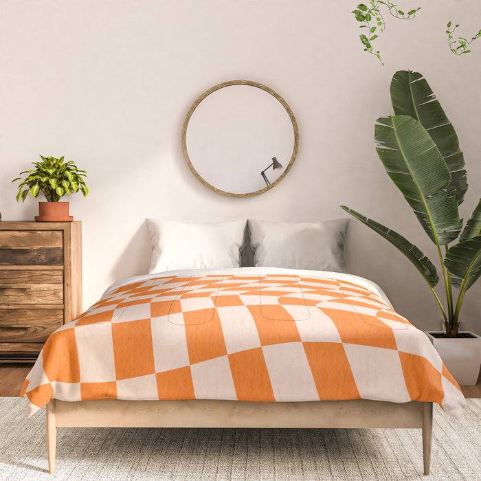 Orange checkered warped pattern, retro 80s groovy Comforter Gallery Image 3