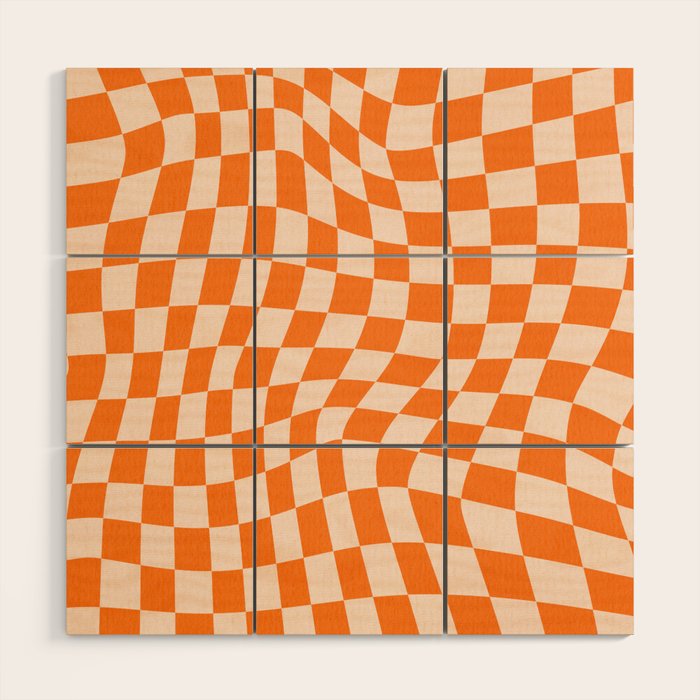 Orange checkered warped pattern, retro 80s groovy Wood Wall Art Gallery Image 1