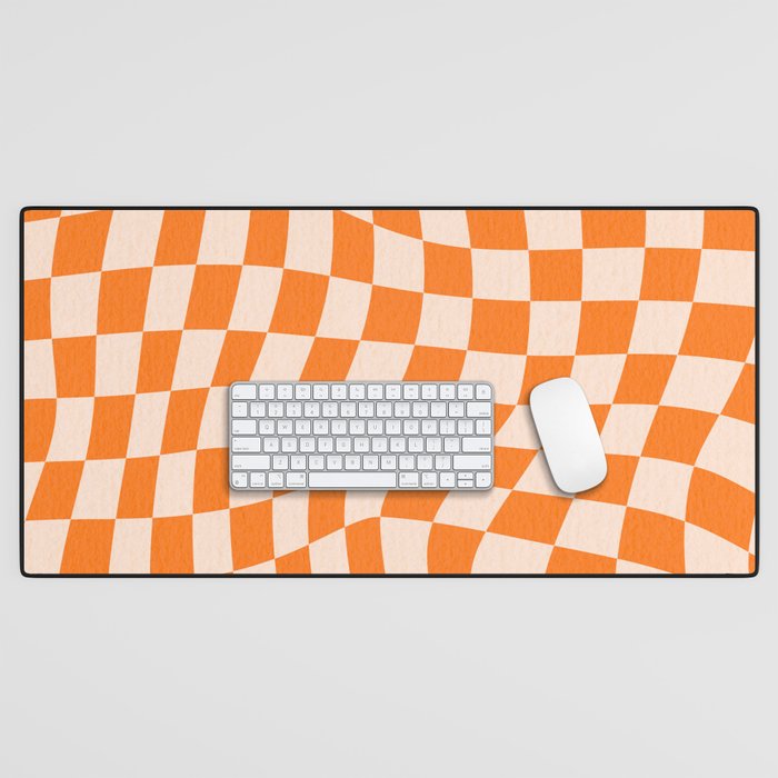 Orange checkered warped pattern, retro 80s groovy Desk Mat Gallery Image 1