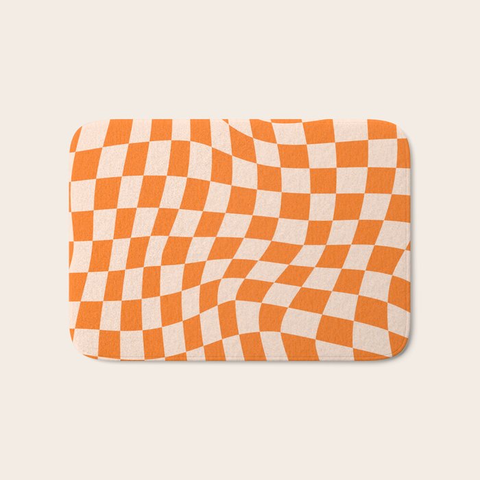 Orange checkered warped pattern, retro 80s groovy Bath Mat Gallery Image 1