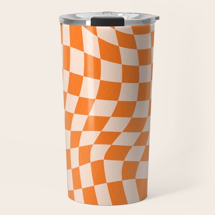 Orange checkered warped pattern, retro 80s groovy Travel Mug Gallery Image 1