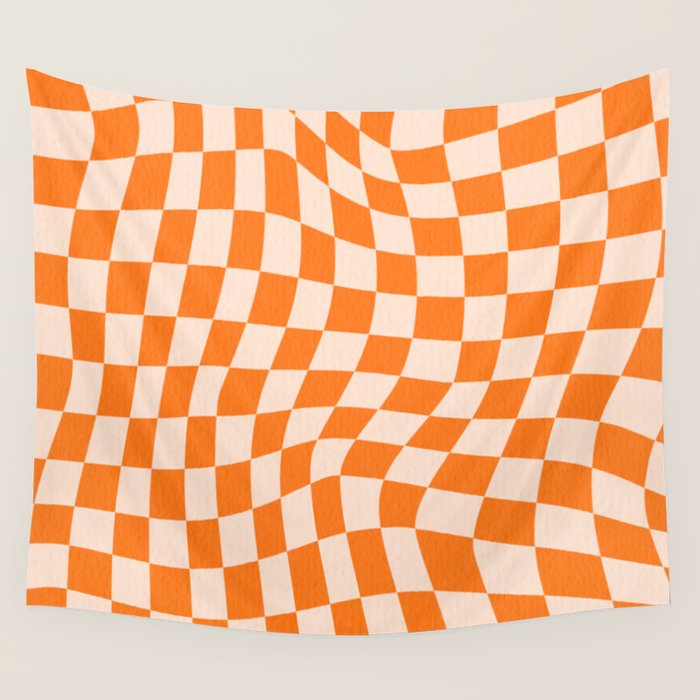 Orange checkered warped pattern, retro 80s groovy Wall Tapestry Gallery Image 1