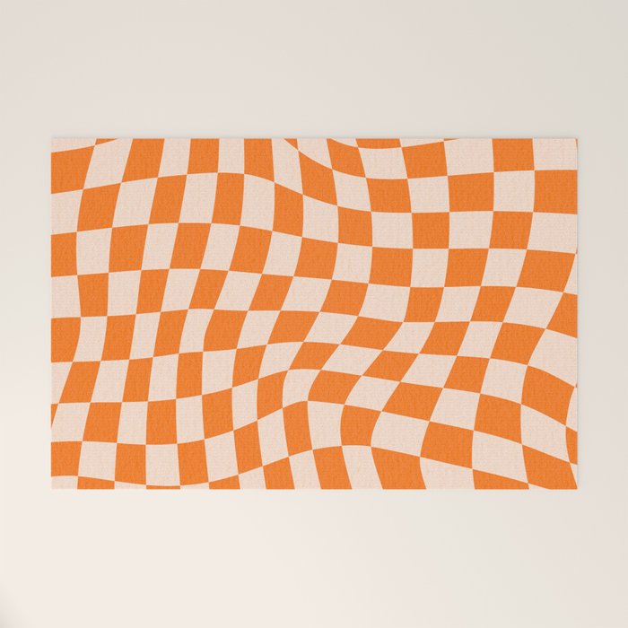 Orange checkered warped pattern, retro 80s groovy Welcome Mat Gallery Image 1