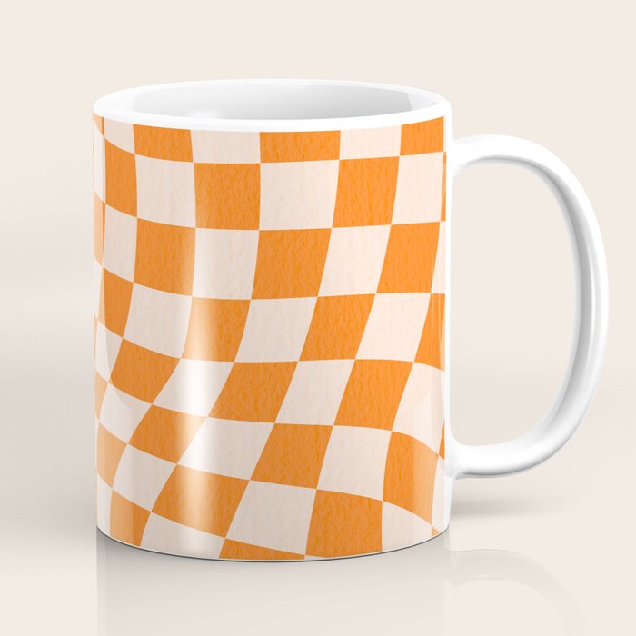 Orange checkered warped pattern, retro 80s groovy Coffee Mug Gallery Image 1