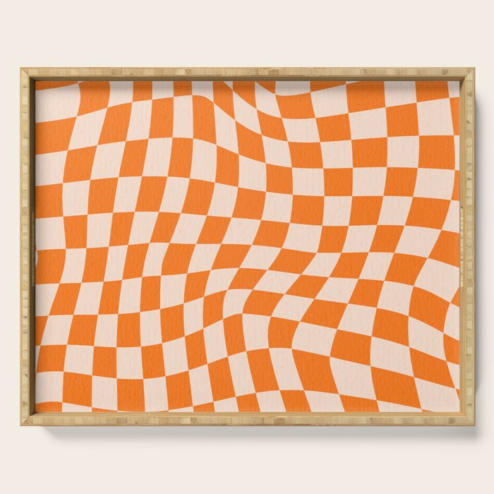 Orange checkered warped pattern, retro 80s groovy Serving Tray Gallery Image 1