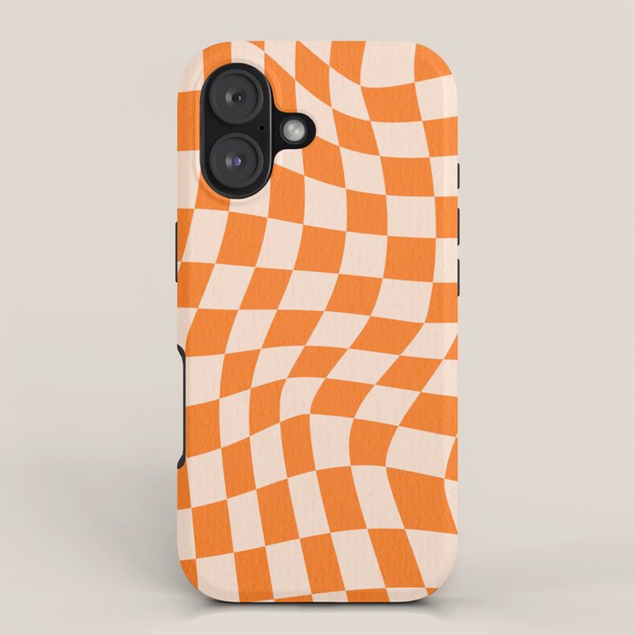 Orange checkered warped pattern, retro 80s groovy iPhone Case Gallery Image 1